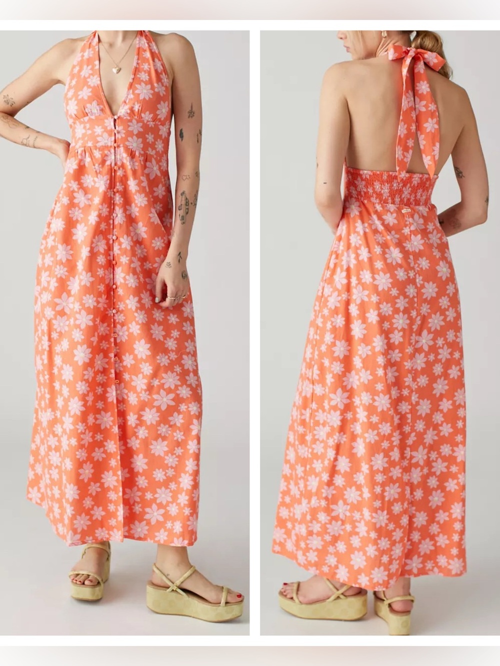 Billabong x Wrangler Hung Up Floral Halter Maxi Dress Fireside Orange Pink Small